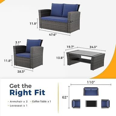 Wisteria Lane 4 Piece Patio Furniture Set, Wicker Outdoor Patio Conversation Furniture Set, All Weather Outdoor Patio Sofa with Cushion and Glass Table, Blue - Image 6