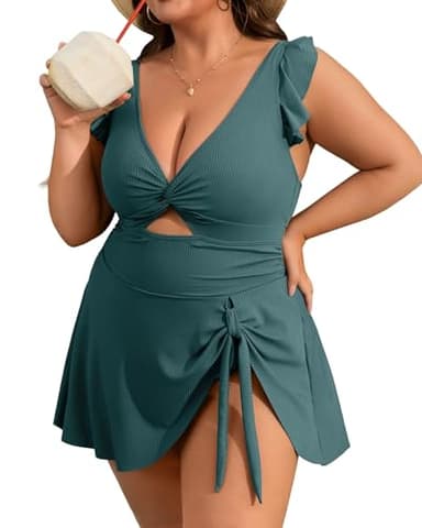 Charmo Women Plus Size Swimdress One Piece Swimsuit Tummy Control Twist Front Bathing Suit Ruched Skirted Swimwear Green 4X - Image 1