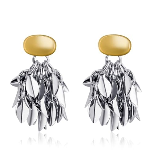 Two Tone Leaf Tassel Earrings 14K Gold Plated and Silver Hanging Earrings Silver Drop Dangle Earrings for Women Trendy - Image 1