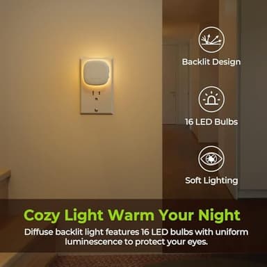 AUVON Plug-in LED Backlit Night Light with Motion Sensor & Dusk to Dawn Sensor, Dimmable Warm White Nightlight with 1-50 lm Adjustable Brightness for Bedroom, Bathroom, Stairs, Hallway (4 Pack - Image 3