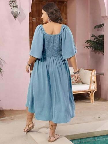 SCOMCHIC Plus Size Summer Dress Casual Short Sleeve Bow Tie Deep V Neck Smocked Button Down Midi Flowy A-line Boho Dresses Blue - Image 6