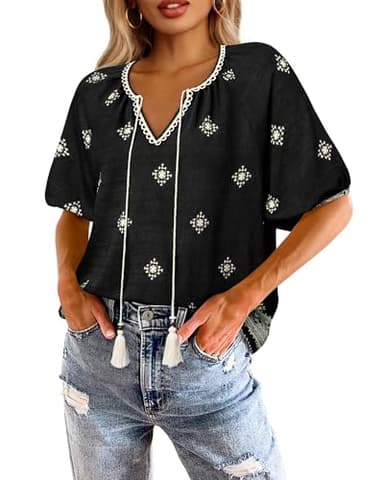 Vivilli Boho Tops for Women: Flowy Casual Top Peasant Blouses Floral Top Short Sleeve Shirts Summer Shirts Crochet V Neck Beach Vacation Clothes Bohemian Tops Hawaiian Outfits Women's Clothing Black L - Image 4