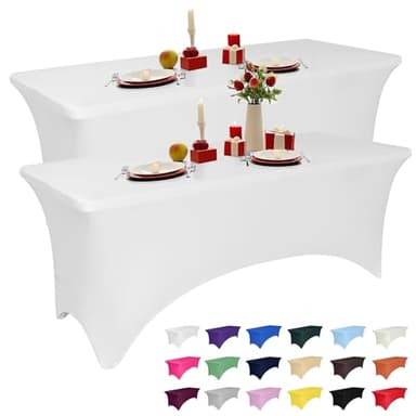 2 Pack 6 Feet White Spandex Tablecloth for Rectangular Tables, Fitted & Stretch, Washable, Wrinkle Resistant, Perfect for Event, Wedding, Party, Banquet, Cocktail, Festival, and Table Protector - Image 1