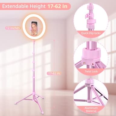 UBeesize 12” Selfie Ring Light with 62” Extendable Tripod Stand & Remote, LED Light with Phone Holder for Video Recording/Makeup/Content Creator (YouTube/TikTok/Twitch), Phone, Camera & Webcam (Pink) - Image 3