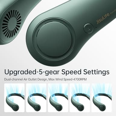 JISULIFE Portable Neck Fan, Hands Free Bladeless Fan, 5 Speeds, 4000 mAh Battery Operated Wearable Personal Fan, Twistable, Rechargeable, Gift for Women Men-Dark Green - Image 2