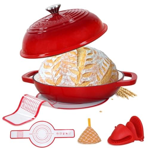 Enameled Cast Iron Dutch Oven with Lid,11”Dutch Oven for Homemade Bread,6 Quart Bread Pans,Bread Oven for Sourdough Bread Baking-with Silicone Baking Mat,Red Thick Enamel Bread Pan-Gifts for Family - Image 1