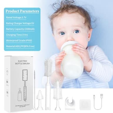 Electric Baby Bottle Brush, Rechargeable Cleaning Brush with Waterproof and Wall-Mounted Design, Silicone Bottle/Pacifier/Straw Brush, 360° Rotating Cleaning, for New Mom (White) - Image 7