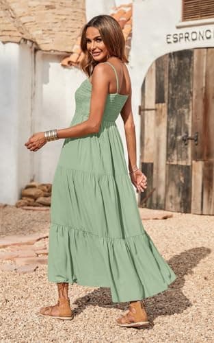 PRETTYGARDEN Summer Dresses for Women 2025 Spaghetti Strap Floral Maxi Dress Sleeveless Smocked Tiered Long Beach Sundress (Bean Green,M) - Image 3