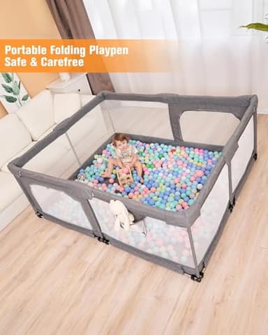Foldable Baby Playpen with Gate, Extra Large Collapsible Play Yard for Babies & Toddlers, Portable Travel Playpen, Baby Activity Center for Indoor & Outdoor Use (Gray 59"×71") - Image 3