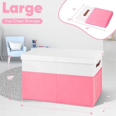 Mabahoo Large Toy Box, Collapsible Sturdy Storage Organize Chest Boxes With Lids, 25"x13"x16" Kids Toy Chest Bin Baskets for Living Room, Bedroom, Nursery, White & Pink - Image 7