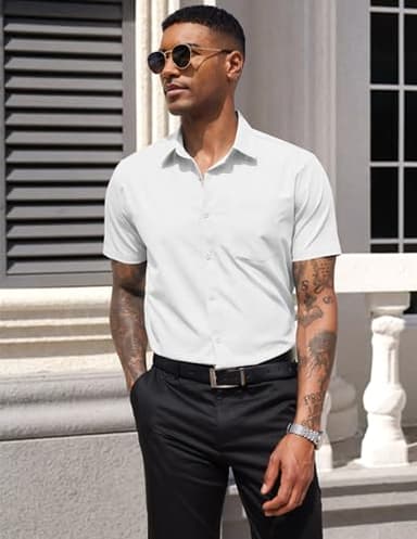 COOFANDY Mens Casual Dress Shirt Short Sleeve Business Attire Regular Fit Polyester Wrinkle Free Button Down Shirts with Pocket White Large - Image 4