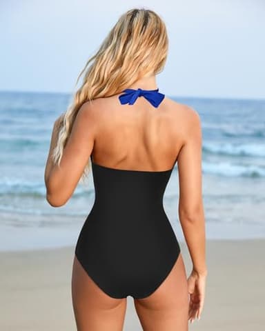 SUUKSESS Women Sexy Tummy Control One Piece Swimsuits Halter Push Up Monokini Bathing Suits (Royal Blue Black, L) - Image 3