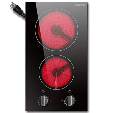 Karinear 110v Electric Cooktop 2 Burners, 12'' Electric Stove Top with Plug in, Knob Control Countertop & Built-in Ceramic Cooktop, 9 Heating Level, Hot Warning, Over-Temperature Protection - Image 1
