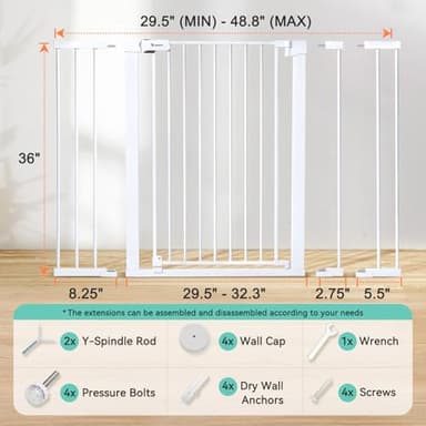 COMOMY 36" Extra Tall Baby Gate for Stairs Doorways, Fits Openings 29.5" to 48.8" Wide, Auto Close Extra Wide Dog Gate for House, Pressure Mounted Easy Walk Through Pet Gate with Door, White - Image 5