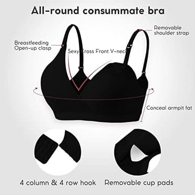 Vinfact 3 Pack Nursing Bras for Breastfeeding Seamless V Neck Maternity Bra Women Pregnancy Breastfeeding Bra - L,Black/Grey/Purple - Image 3