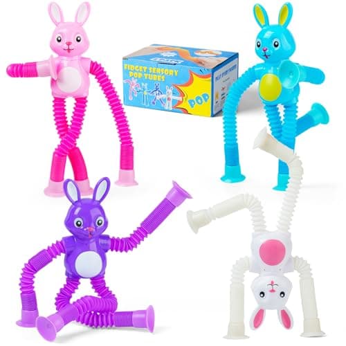 4 Pcs Easter Bunny Pop Tube Sensory Toys,Easter Basket Stuffer for Toddler Kids Boy Girls,Bunny fidgets Suction ADHD Autism Toy,Fidget Toys Autistic Travel Toys - Image 1