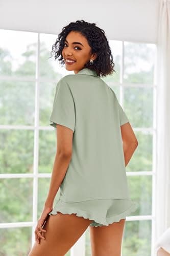 Ekouaer Pajamas Set for Women Short Sleeve Sleepwear Button Down Pjs Lounge Sets Soft Nightwear Aqua Green Medium - Image 4