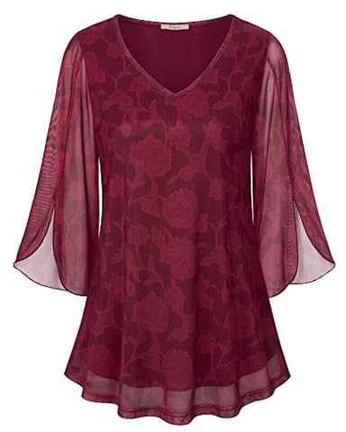 Bebonnie Womens Tops Dressy Casual,Ladies 3/4 Long Sleeve Fall Tunic Tops for Leggings Peasant Office Work Clothes Business Casual Dressy Shirts Mesh Elegant Floral Peasant Top Berry Red M - Image 1
