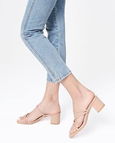 Shoe'N Tale Strappy Heels For Women Low Chunky Block Heel Heeled Sandals Square Open Toe Slip On Slides Mules(6,Nude) - Image 3