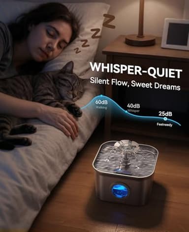 Stainless Steel Cat Water Fountain for Drinking with 3 Filters, 2.8L Auto Pet Drinking Fountain for Cats with 20dB Ultra-Quiet Pump, 24/7 Circulation Filtration LED Water Level Window Dishwasher Safe - Image 4