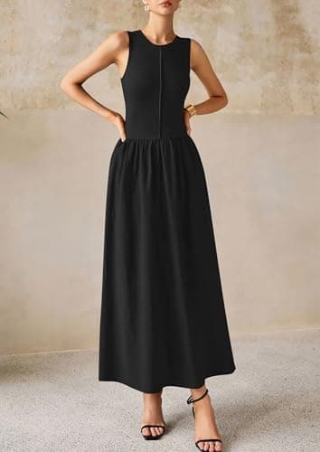 PRETTYGARDEN Maxi Dresses for Women 2025 Summer Casual Sleeveless Patchwork Flowy Vacation Sundress Knit Long Work Tank Dress(Black,Large) - Image 8