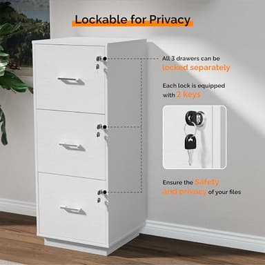 VINGLI 3 Drawer File Cabinet with Lock, Home Office Filing Organizer, for Letter Size File Folder Storage, Wood Tall Vertical Filing Cabinet, Printer Stand, Archivador (White) - Image 5