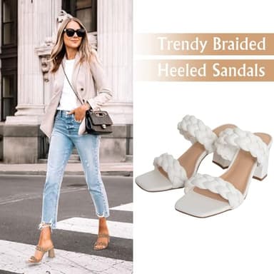 Athlefit White Braided Heeled Sandals for Women Fashion Square Open Toe Comfortable Slip on Block Heels Size 8.5 - Image 2