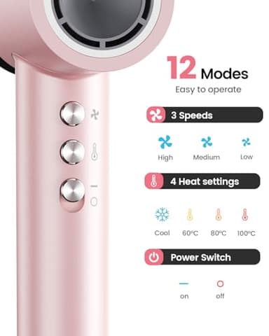 Dekuri Hair Dryer, 110,000 RPM High-Speed Fast Drying Blow Dryer, 200 Million Ionic Lightweight Hairdryer with Diffuser, Magnetic Nozzle, 4 Temps & 3 Speeds, Low Noise for Women & Men (Pink) - Image 6