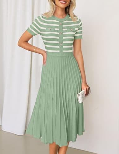 ZESICA Women's 2025 Casual Striped Midi Dress Crewneck Short Sleeve Button Ribbed Knit Swing Pleated A Line Dresses,Light Green,Large - Image 2