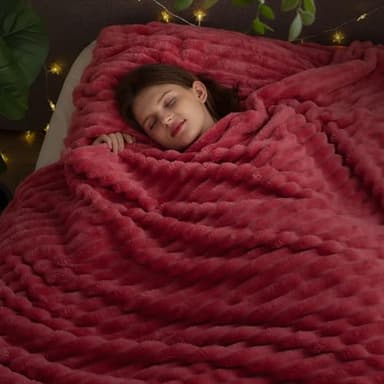NEWCOSPLAY Super Soft Queen Blanket Coral Pink Premium Silky Flannel Fleece 3D Ribbed Jacquard Lightweight Bed Blanket All Season Use (Coral Pink Ribbed, Queen(90"x90")) - Image 2