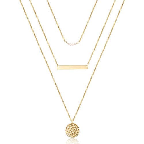 Dainty Layering Simulated Pearls Bar Necklace Hammered Disc Pendant Necklaces Simple Layering Necklace Choker for Women - Image 1