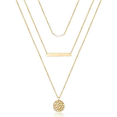 Dainty Layering Simulated Pearls Bar Necklace Hammered Disc Pendant Necklaces Simple Layering Necklace Choker for Women - Image 1