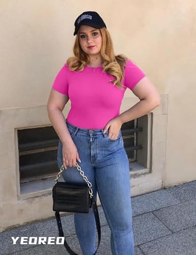 YEOREO Women Fitted Workout Tops Short Sleeve Double Lined Basic Y2K Going Out Crew Neck Compression Crop Top Rose M - Image 3