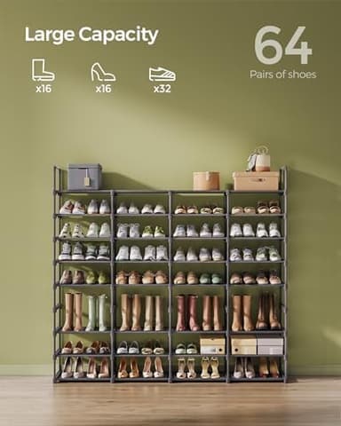 SONGMICS Large Shoe Rack, 8-Tier Shoe Organizer, Shoe Storage Holds up to 32 Pairs, Stackable, Large Capacity, Steel Tubes and Non-Woven Fabric, for Entryway, Closet, Garage, Ink Black ULSA219B01 - Image 5