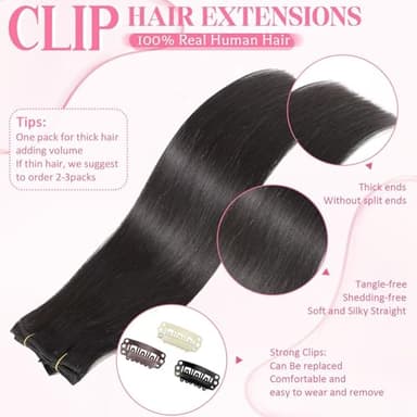 Tebelove Clip in Hair Extensions Real Human Hair, 100g/3.6oz, Clip in 100% Brazilian Remy Human Hair Extension for Women, Double Weft 8pcs Per Set with 18 Clips 1B Natural Black 16 Inch - Image 4