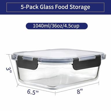 MFY 5-Pack 36 OZ Glass Storage Containers with Lids, Glass Meal Prep Containers Set, Airtight Lunch Containers with Lids, Microwave, Oven, Freezer and Dishwasher Safe, Gray - Image 2