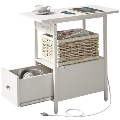 LIDYUK End Table with Charging Station, Narrow Side Table with Drawer and USB Ports & Power Outlets, Nightstand Bedside Tables for Small Spaces, Bedroom, Living Room, White - Image 1
