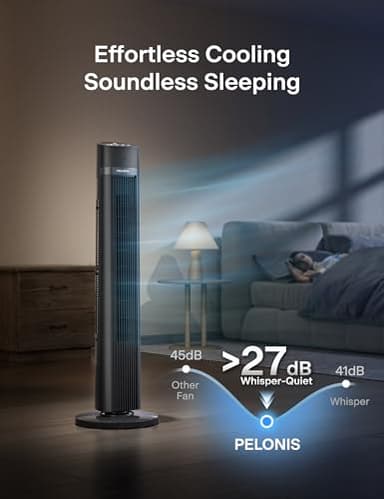 PELONIS 40 inch Bladeless Tower Fan for Bedroom, Standing Fan with Remote Control, 26ft/s, 90° Oscillation, 3 Speed Settings, 27 Db, 3 Modes, 15-Hour Timer, LED Display, Fan that Blows Cold Air, Grey - Image 4