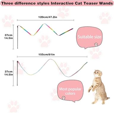 M JJYPET Cat Wand Toys Interactive Kitten Toys for Indoor Cats Colorful Teaser Wand String for Exercise Kitten Stick Kitty Rope Toy Rainbow Ribbon Cat Charmer -2Pcs - Image 2