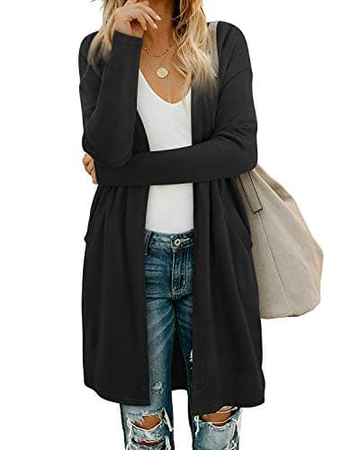 OUGES Women's 2025 Fashion Fall Winter Black Open Front Long Sleeve Lightweight Sweater Cardigan Shirt Clothing with Pockets(Black,M) - Image 1