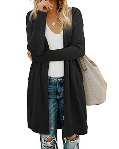 OUGES Women's 2025 Fashion Fall Winter Black Open Front Long Sleeve Lightweight Sweater Cardigan Shirt Clothing with Pockets(Black,M) - Image 1