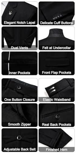 MAGE MALE Mens Suits Slim Fit 3 Piece Tuxedo Suit One Button Solid Prom Wedding Party Blazer Vest Pants Set with Tie Black - Image 3
