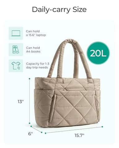 BAGSMART Tote Bag for Women, Puffy Tote Bag with Zipper, Large Quilted Shoulder Bag with Compartments for Travel, Work, Gym (Grayish Brown) - Image 4