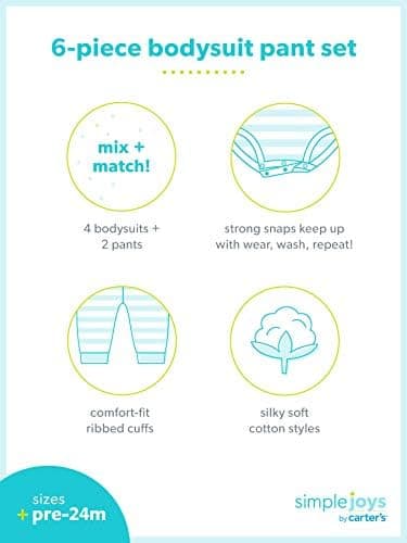 Simple Joys by Carter's Baby Girls' 6-Piece Bodysuits (Short and Long Sleeve) and Pants Set, Aqua Green Elephant/Grey Dots/Pink Stripe/White Forest Animals, 18 Months - Image 4