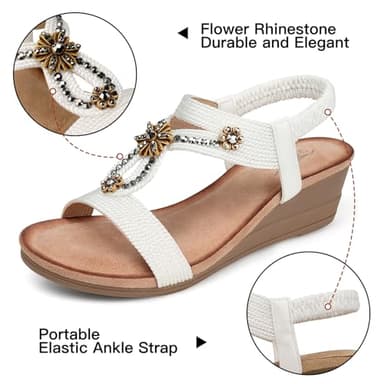 SHIBEVER White Wedge Sandals Women Size 9 Comfortable Rhinestone Ladies Sandals Dressy Arch Support Low Heel Flower Shoes Summer - Image 4