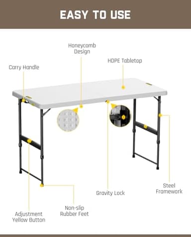 FanttikOutdoor 4ft Portable Folding Table, One-Handed Height Adjustment, 4 Heights, Gravity Lock, Carry Handle, Indoor Outdoor Heavy Duty Fold-in-Half Utility Table, Party, 1 Pack, White Zeta X4 Pro - Image 7