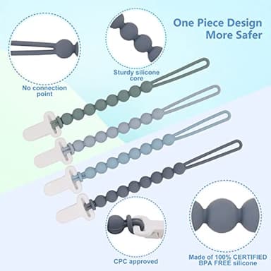 4-Pack Silicone Pacifier Clips with One-Piece Beads for Baby Boys and Girls - Flexible and Rust-Free Holders for Teething Relief and Baby Essentials, Safe for Newborns (Grey) - Image 3