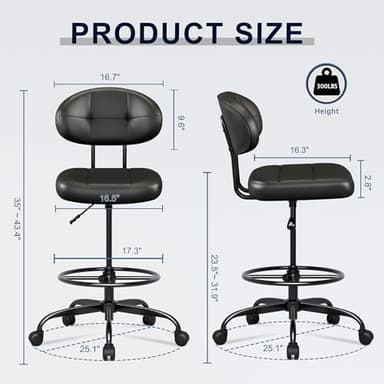 Misolant Drafting Chair Without Arms, Tall Office Chair with Footrest Ring for Standing Desk, Small Faux Leather Executive Office Chair with Adjustable Height for Bar Lab Counter Height Desk, Black - Image 3