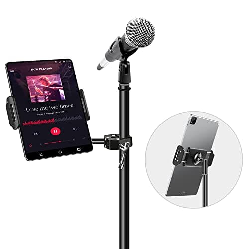 elitehood Aluminum iPad Holder for Mic Stand, Side Mount iPad Music Stand Holder for Microphone, 360° Swivel Tilt Adjustable Mic Tablet Mount for 4-13in iPhone, Cell Phones and Tablets - Image 1