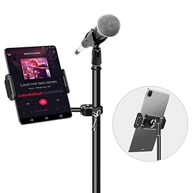 elitehood Aluminum iPad Holder for Mic Stand, Side Mount iPad Music Stand Holder for Microphone, 360° Swivel Tilt Adjustable Mic Tablet Mount for 4-13in iPhone, Cell Phones and Tablets - Image 1